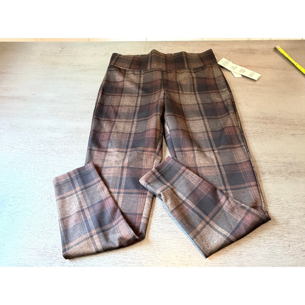 Zac & Rachel Plaid Pull On Leggings Brown Tan Tummy Control Stretch Pants Medium